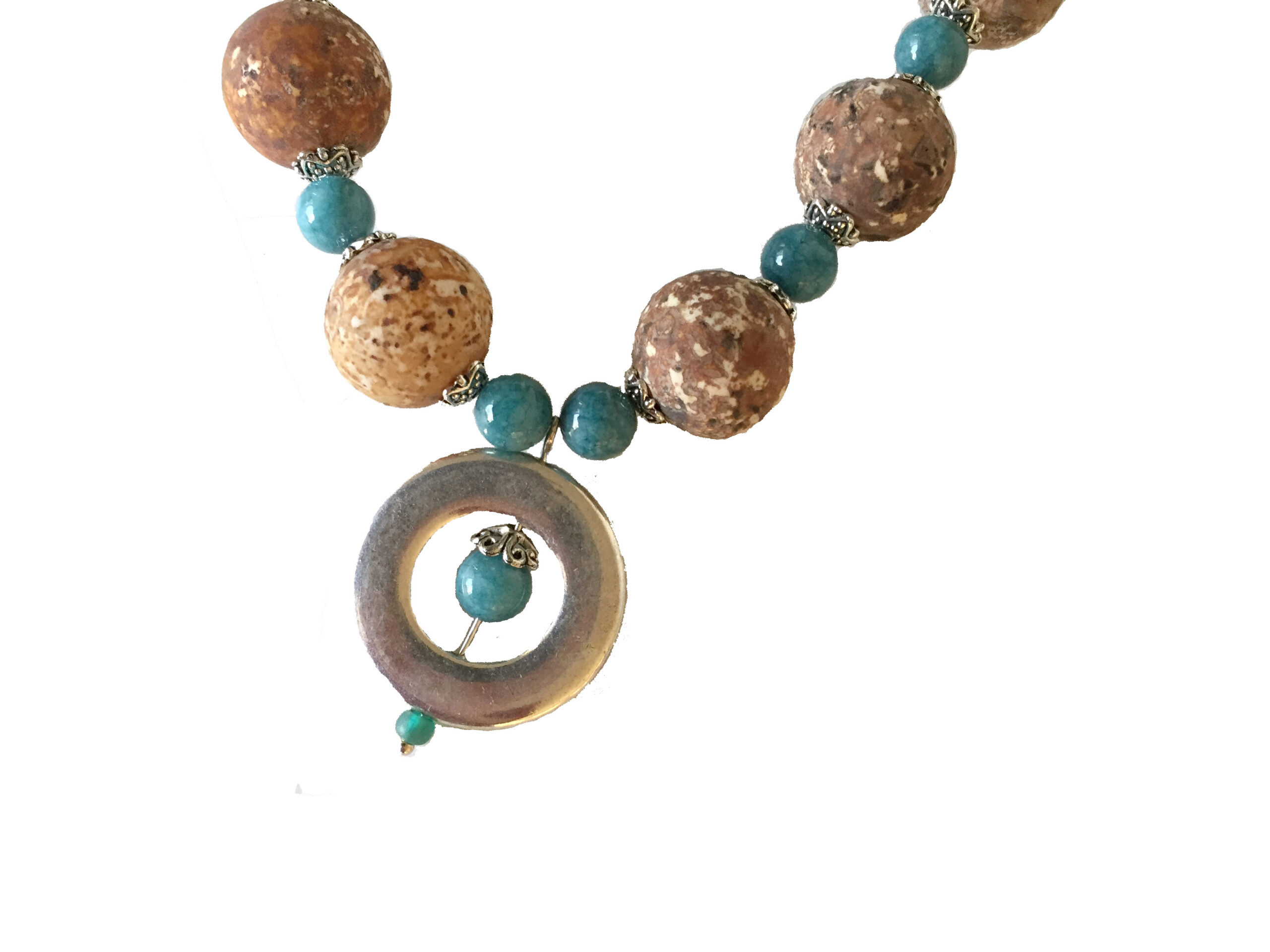 Light Brown Brazilian Unpolished Agate Necklace with Aqua Chain and Silver Pendant - Image 3