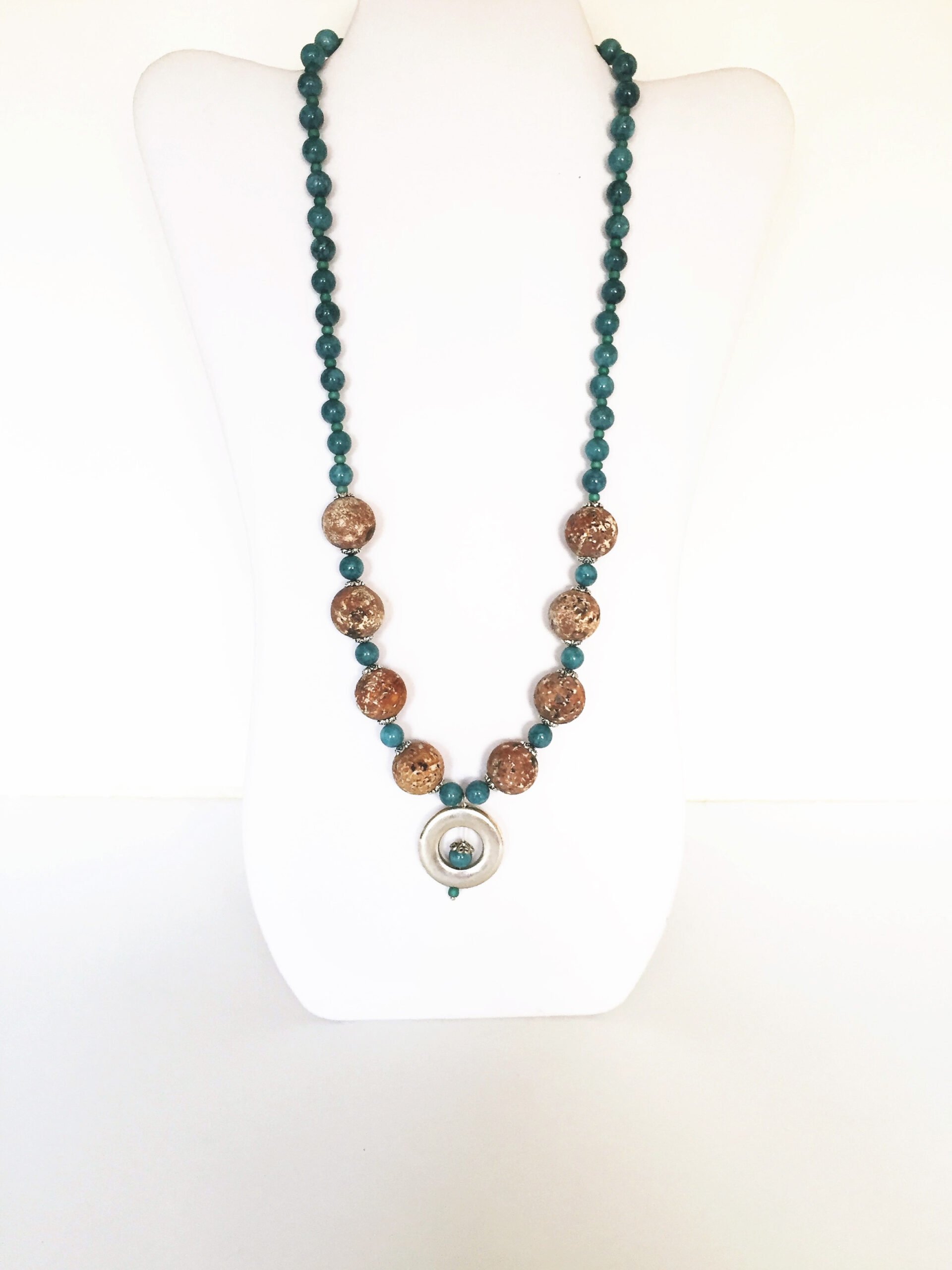 Light Brown Brazilian Unpolished Agate Necklace with Aqua Chain and Silver Pendant - Image 2