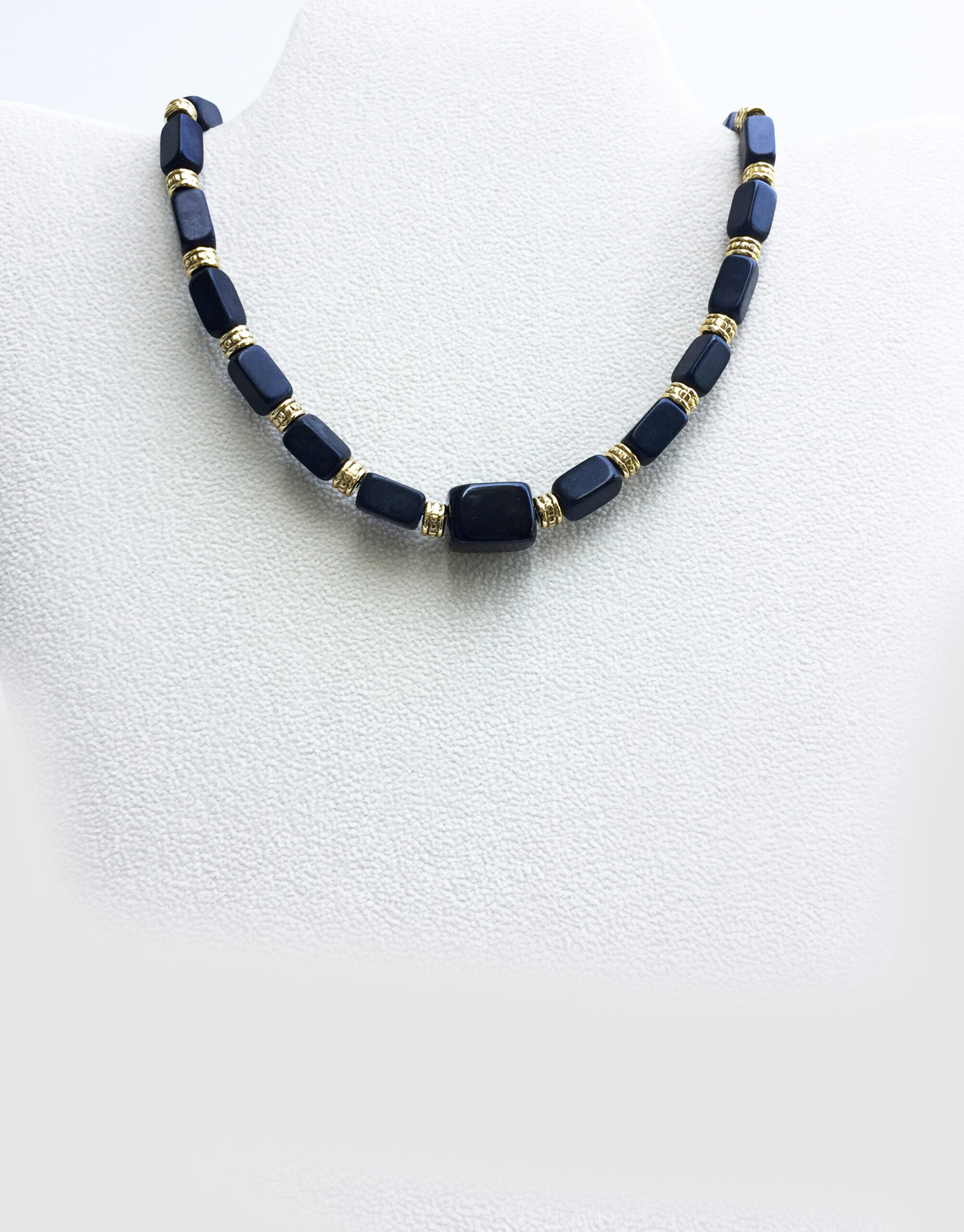 Black Obsidian Choker of Cubic Rectangles and Antique Gold Finish Spacers. One of a kind