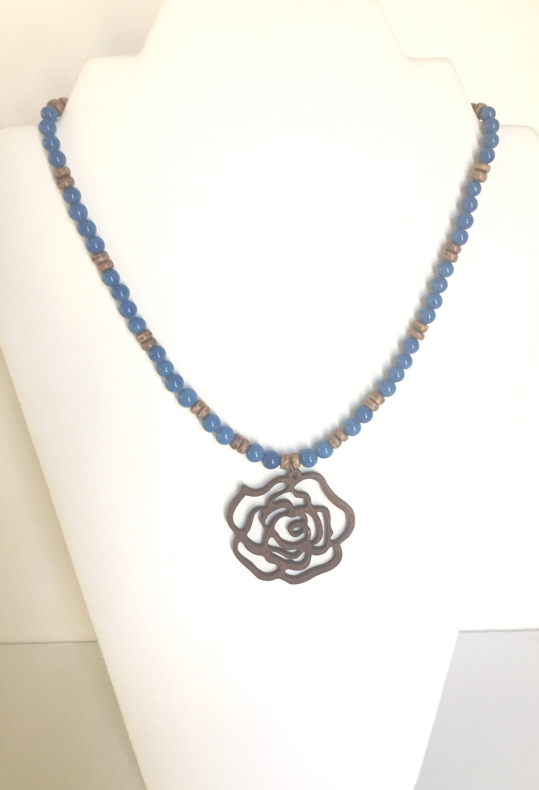 Brown Flower Pendant on Teal Bead Chain. One of a Kind