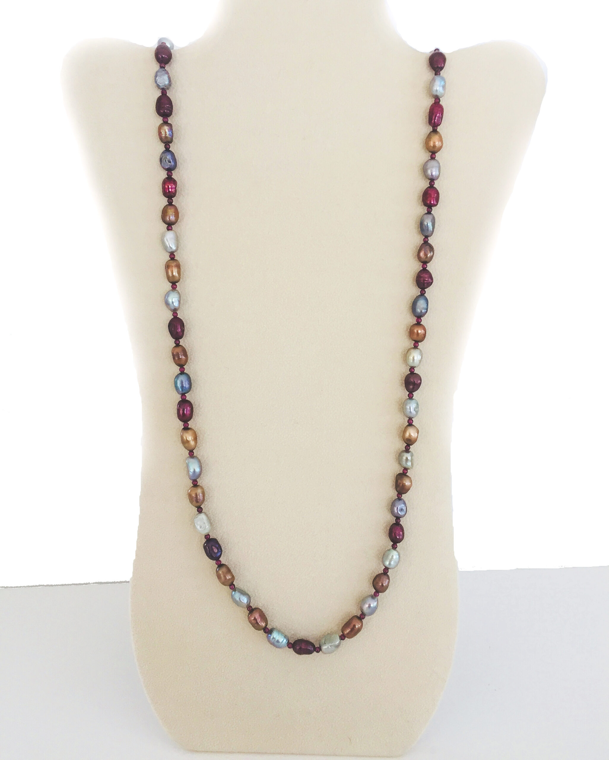 Wine, Silver, Bronze, Cultured Pearl Necklace with Garnets. One of a Kind.