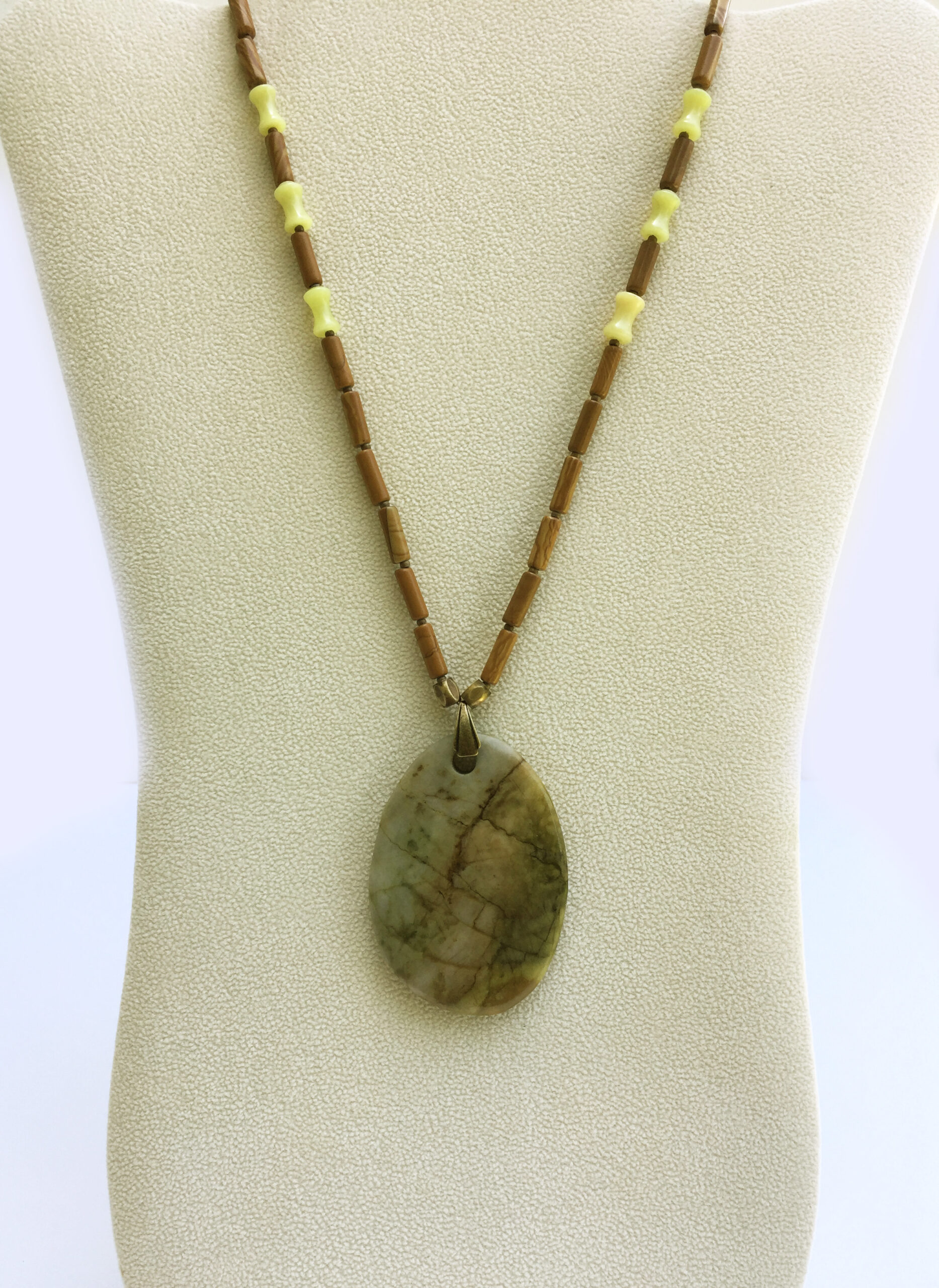 Gray, Beige, Chartreuse, Green Jasper Pendant on Brown Jasper Handmade Chain. One of a Kind