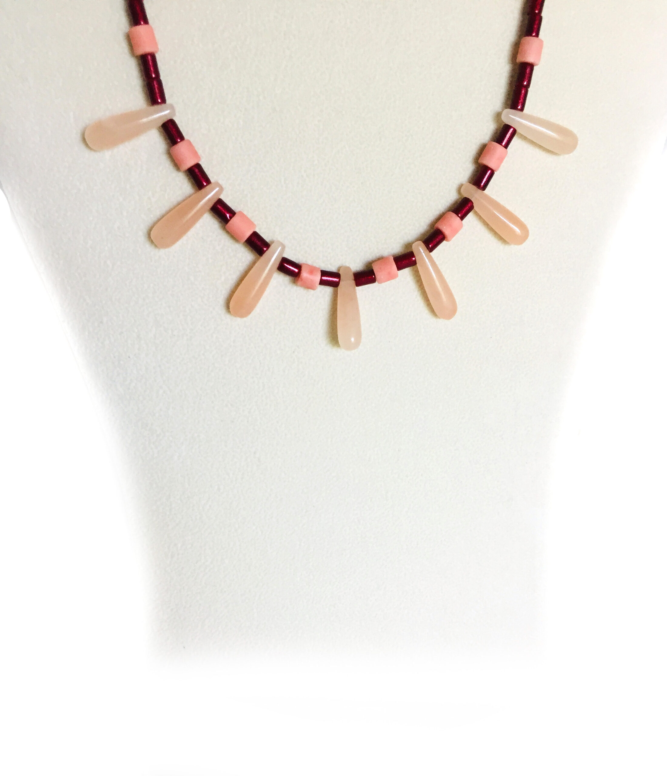 Bib Necklace: Peach Quartz Teardrops, Garnets, and Vintage Coral Beads. One-of-a-Kind