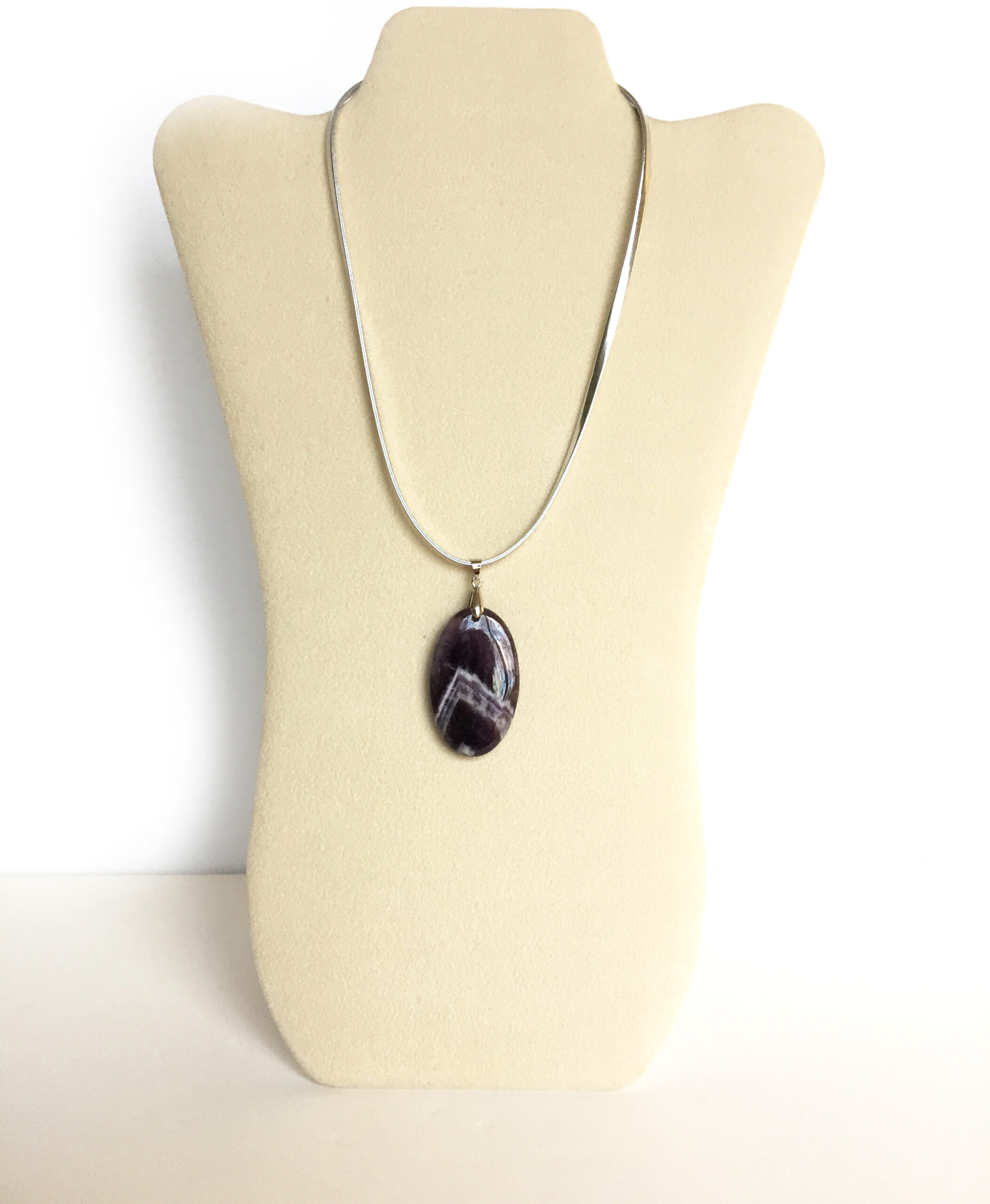 Chevron Amethyst Oval Pendant on Silver Leather Cord. February Birthstone One of a Kind - Image 5