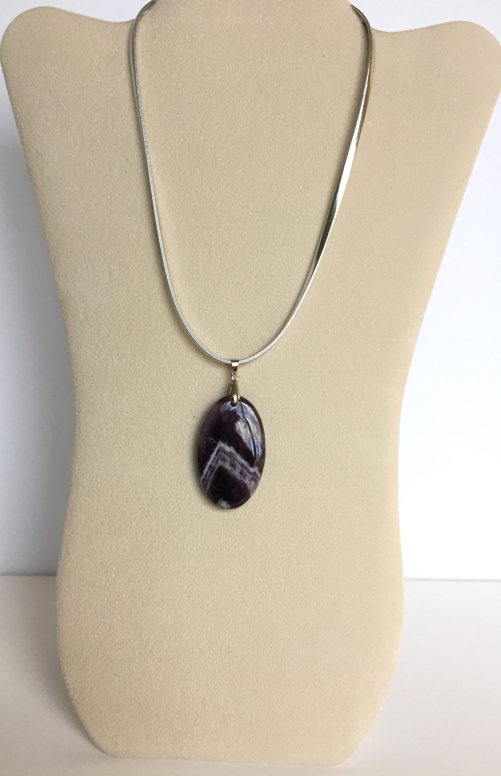 Chevron Amethyst Oval Pendant on Silver Leather Cord. February Birthstone One of a Kind - Image 4