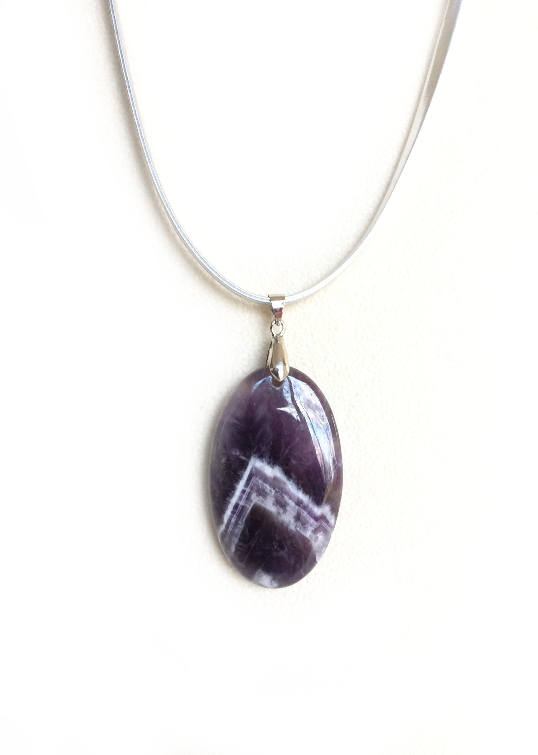 Chevron Amethyst Oval Pendant on Silver Leather Cord. February Birthstone One of a Kind - Image 2
