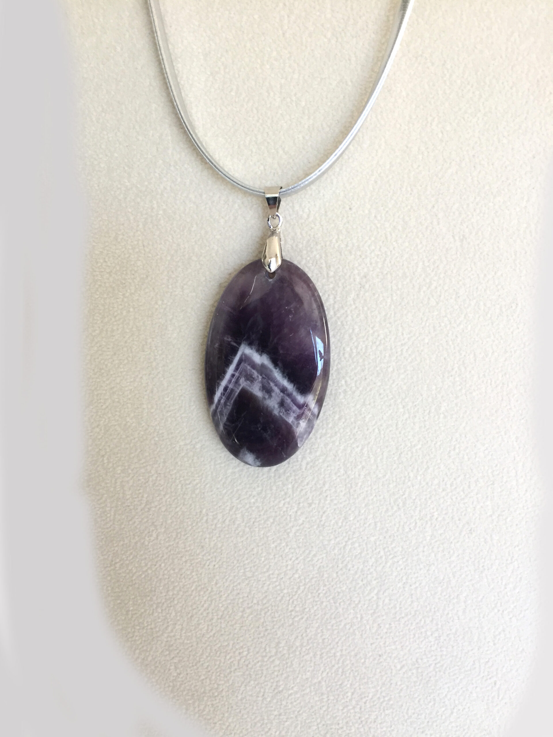 Chevron Amethyst Oval Pendant on Silver Leather Cord. February Birthstone One of a Kind
