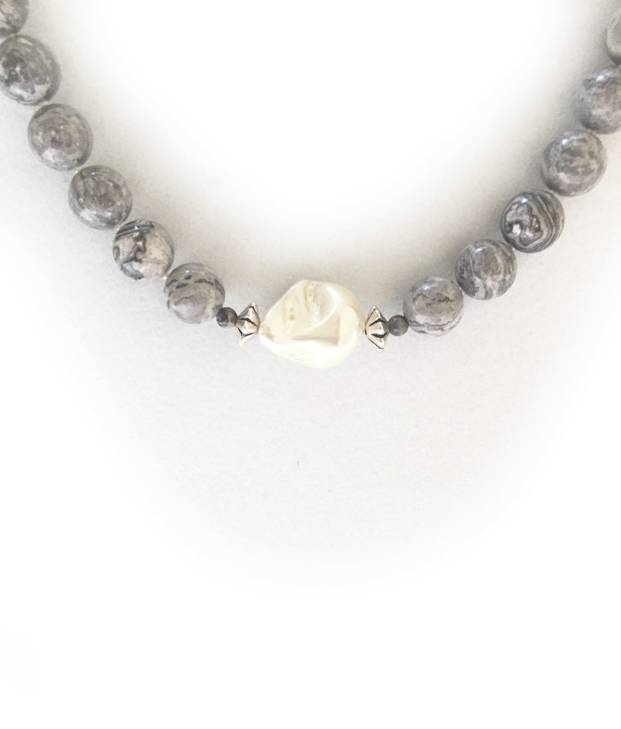 Gray Crazy Lace Jasper Necklace with Large White Baroque Pearl - Image 3