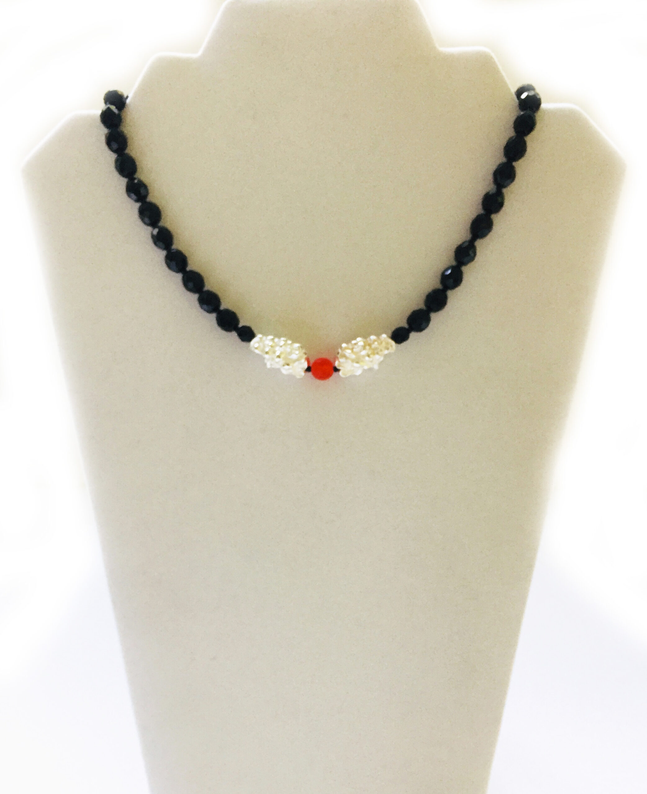 Black Necklace with Silver Nuggets and Touch of Red Focal